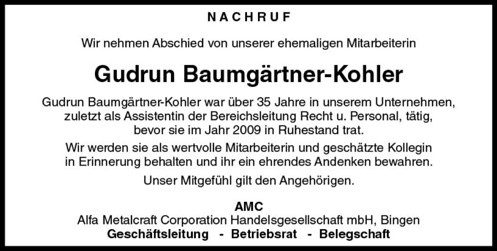  Traueranzeige für Gudrun Baumgärtner-Kohler vom 04.05.2023 aus Allgemeine Zeitung Bingen/Ingelheim