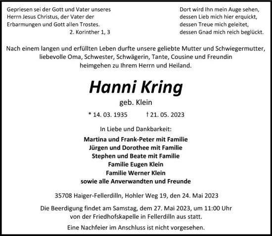 Traueranzeige von Hanni Kring von Dill Block