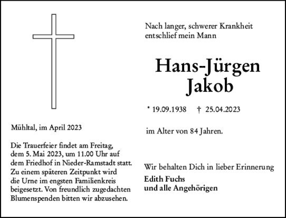  Traueranzeige für Hans-Jürgen Jakob vom 02.05.2023 aus Darmstädter Echo