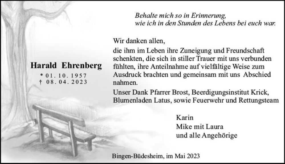  Traueranzeige für Harald Ehrenberg vom 13.05.2023 aus Bingen/Ingelheim WOBL inkl. Neue Binger Ztg.