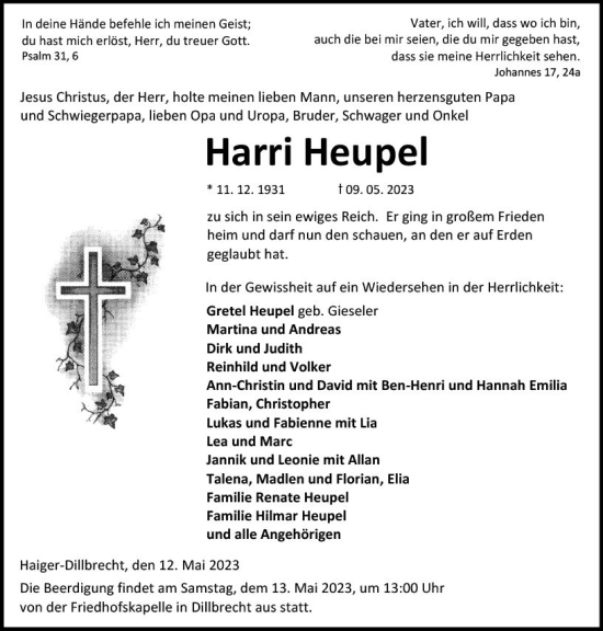 Traueranzeige von Harri Heupel von Dill Block