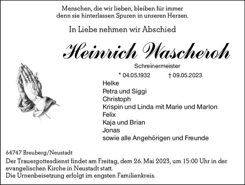  Traueranzeige für Heinrich Wascheroh vom 20.05.2023 aus Odenwälder Echo