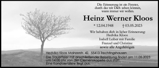 Traueranzeige von Heinz Werner Kloos von Allgemeine Zeitung Bingen/Ingelheim