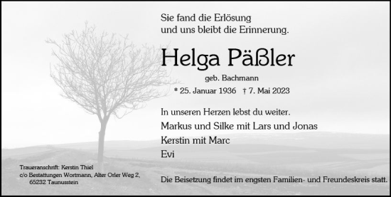 Traueranzeige von Helga Päßler von Wiesbadener Kurier