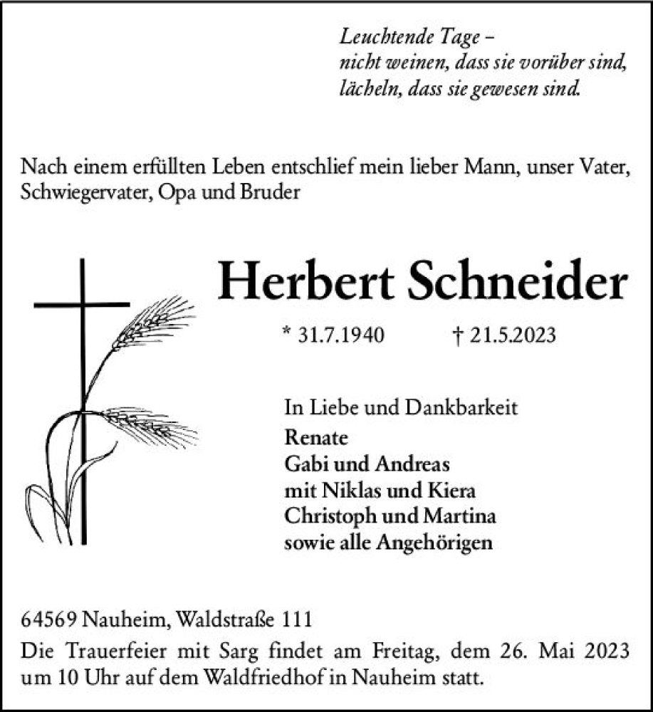  Traueranzeige für Herbert Schneider vom 24.05.2023 aus Rüsselsheimer Echo
