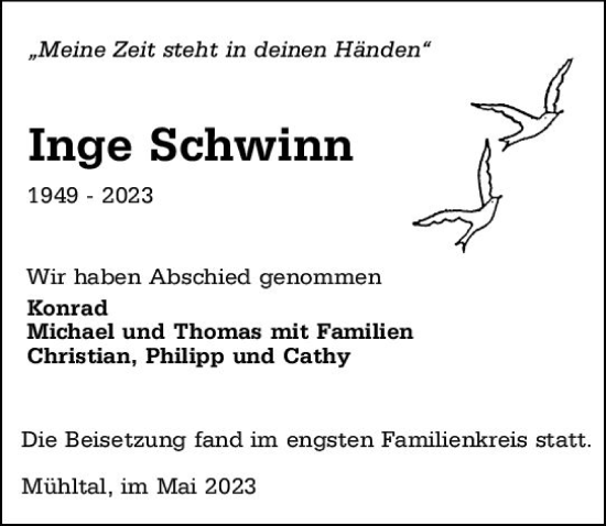 Traueranzeige von Inge Schwinn von Darmstädter Echo