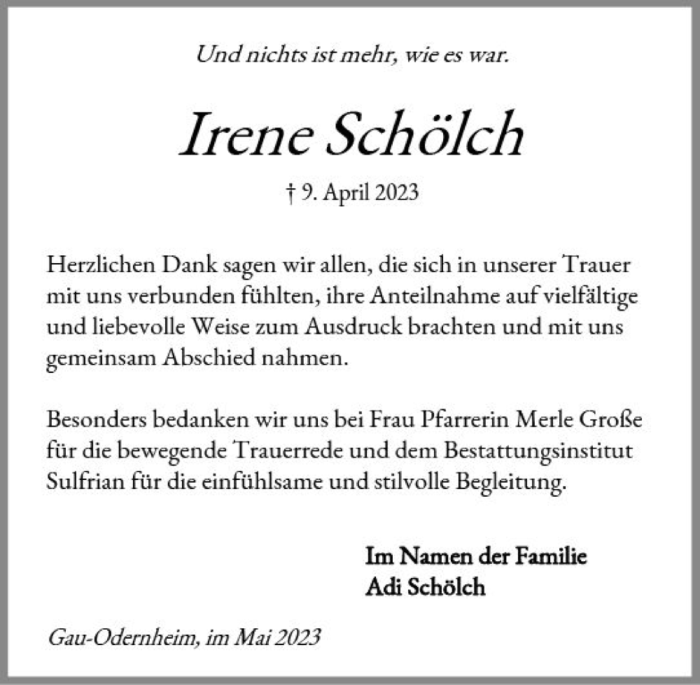  Traueranzeige für Irene Schölch vom 13.05.2023 aus Allgemeine Zeitung Alzey