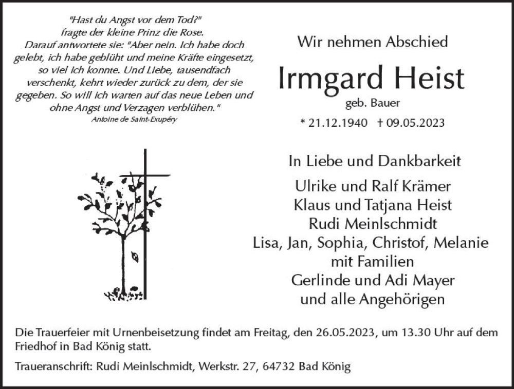  Traueranzeige für Irmgard Heist vom 20.05.2023 aus Darmstädter Echo
