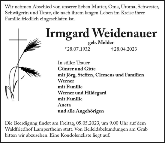 Traueranzeige von Irmgard Weidenauer von Starkenburger Echo