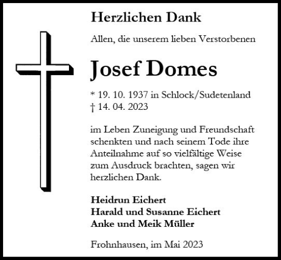 Traueranzeige von Josef Domes von Dill Block