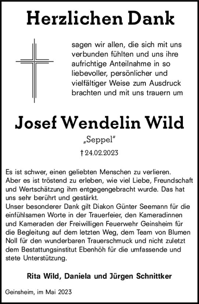  Traueranzeige für Josef Wendelin Wild vom 13.05.2023 aus Groß-Gerauer Echo