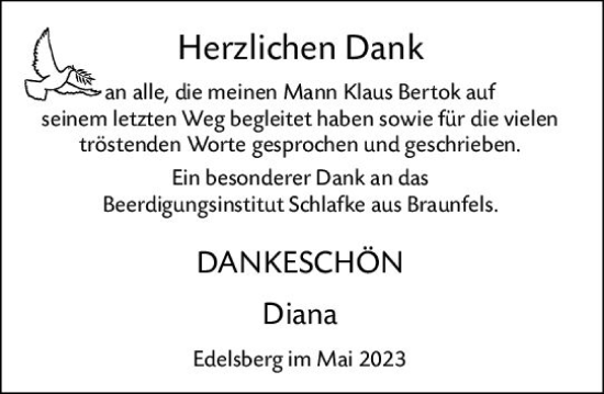 Traueranzeige von Klaus Bertok von Weilburger Tageblatt