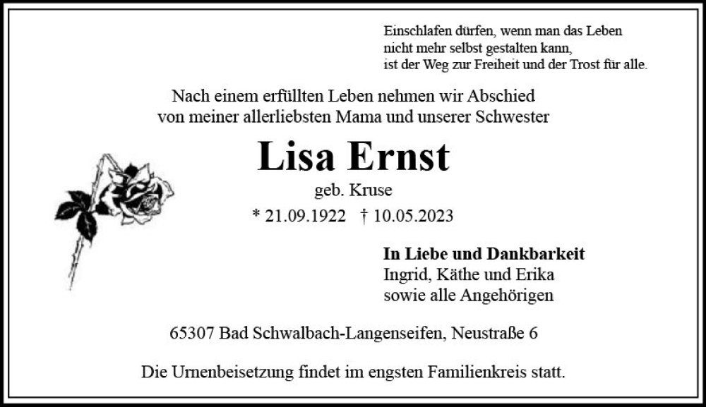  Traueranzeige für Lisa Ernst vom 20.05.2023 aus Idsteiner Land/Untertaunus