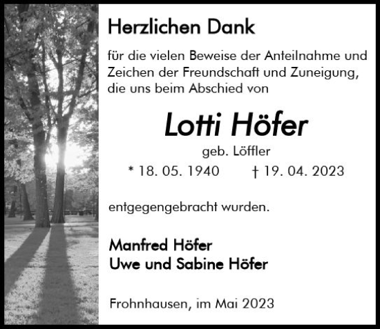 Traueranzeige von Lotti Höfer von Dill Block