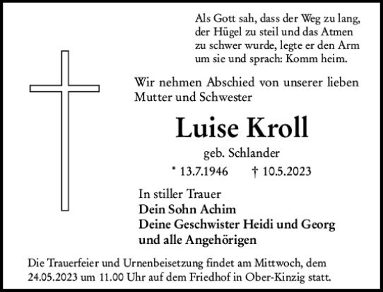 Traueranzeige von Luise Kroll von Odenwälder Echo