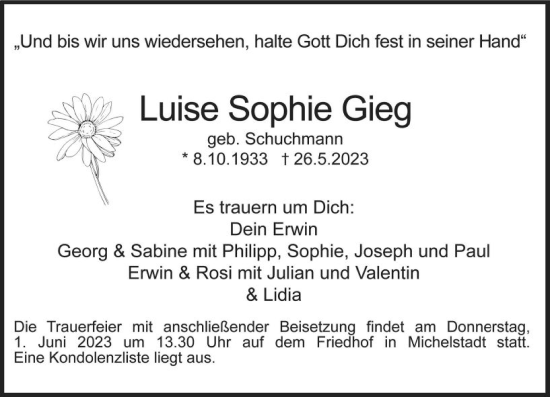 Traueranzeige von Luise Sophie Gieg von Odenwälder Echo