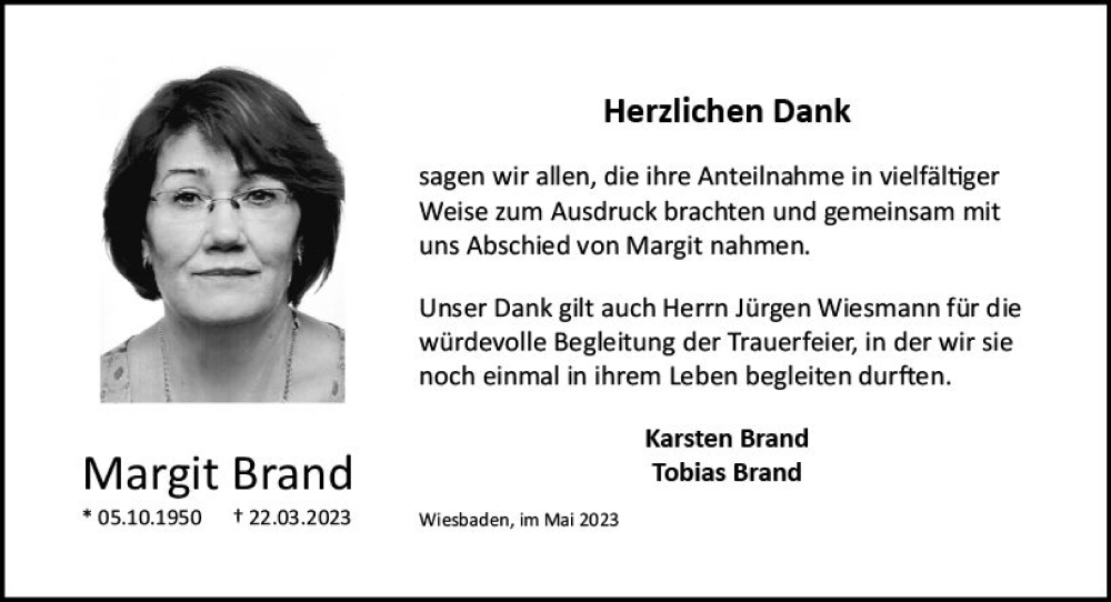  Traueranzeige für Margit Brand vom 13.05.2023 aus Wiesbadener Kurier