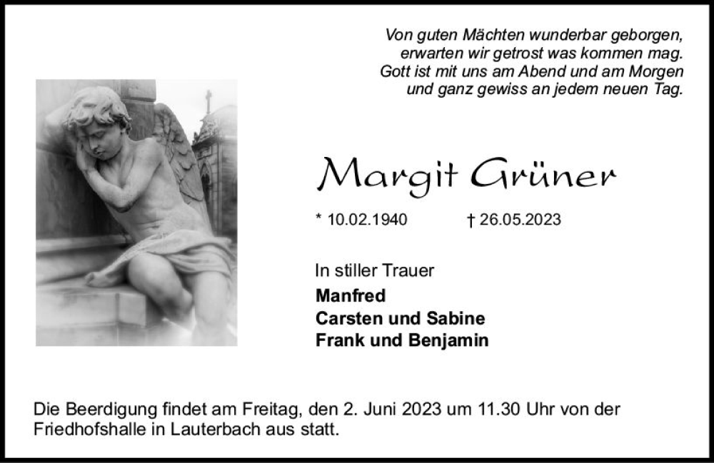  Traueranzeige für Margit Grüner vom 30.05.2023 aus VRM Trauer