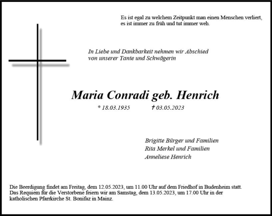 Traueranzeige von Maria Conradi von Allgemeine Zeitung Mainz