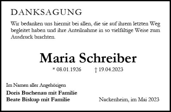 Traueranzeige von Maria Schreiber von Allgemeine Zeitung Mainz