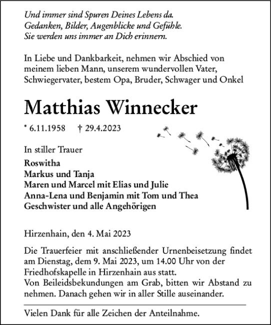 Traueranzeige von Matthias Winnecker von Dill Block