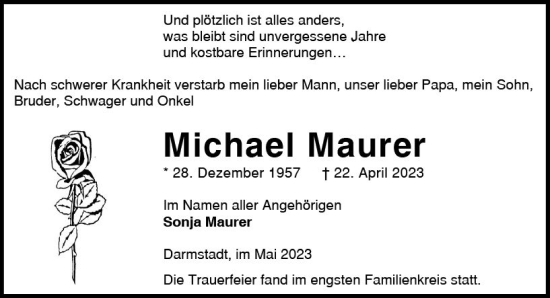 Traueranzeige von Michael Maurer von Darmstädter Echo