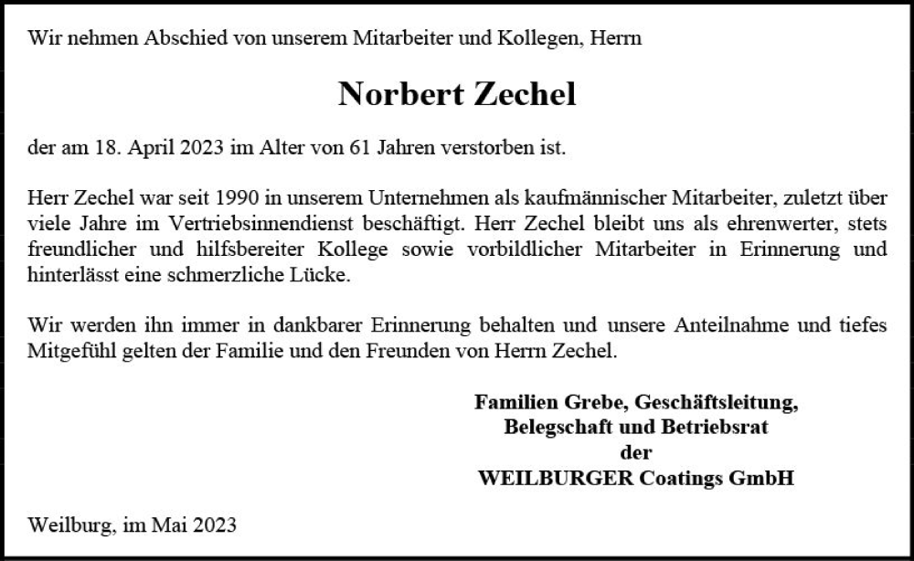  Traueranzeige für Norbert Zechel vom 02.05.2023 aus Weilburger Tageblatt