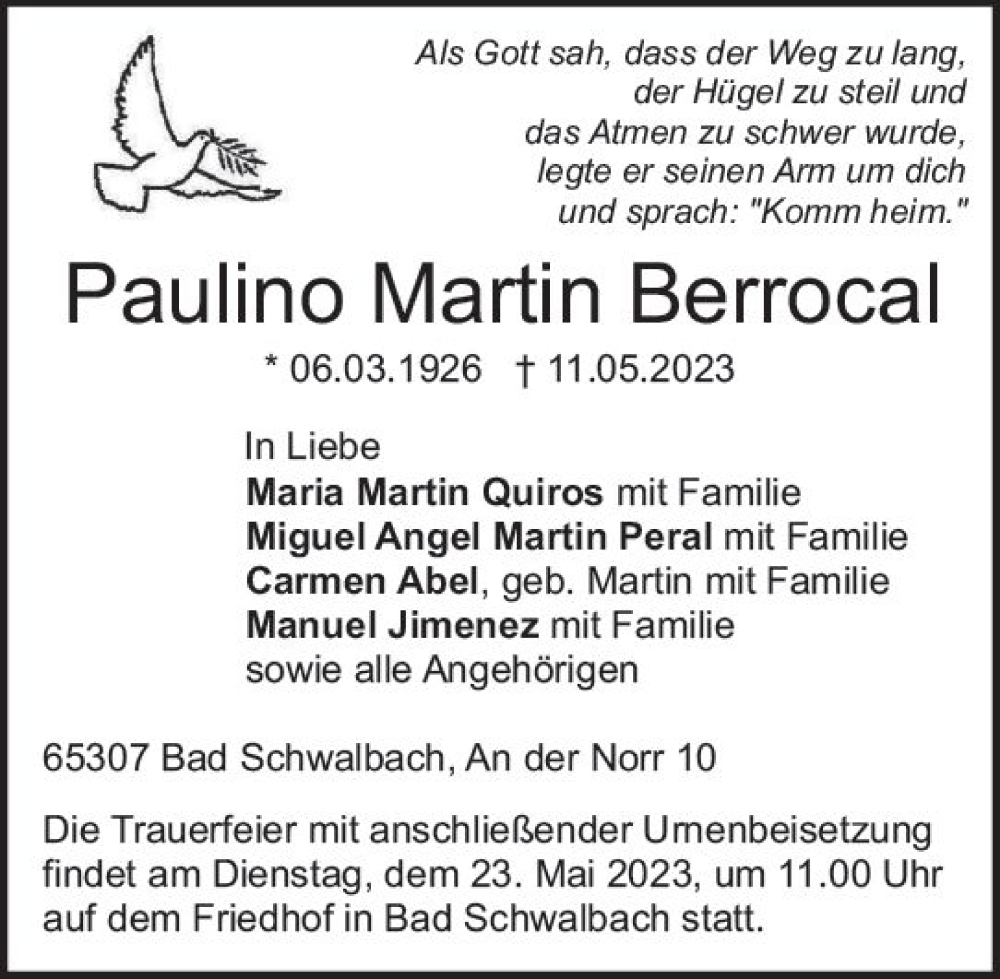 Traueranzeige für Paulino Martin Berrocal vom 23.05.2023 aus Wiesbadener Kurier