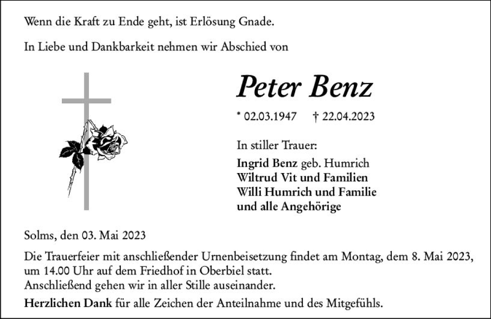  Traueranzeige für Peter Benz vom 03.05.2023 aus Wetzlarer Neue Zeitung