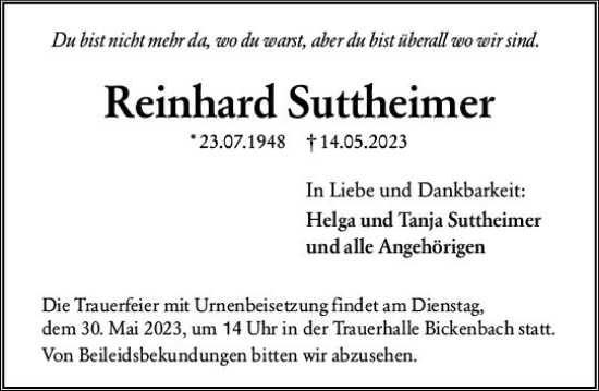 Traueranzeige von Reinhard Suttheimer von Darmstädter Echo