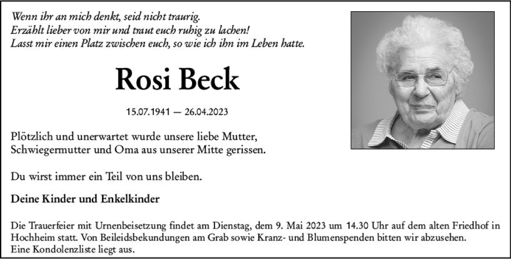  Traueranzeige für Rosi Beck vom 05.05.2023 aus Hochheimer Zeitung