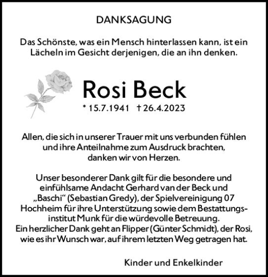 Traueranzeige von Rosi Beck von Hochheimer Zeitung