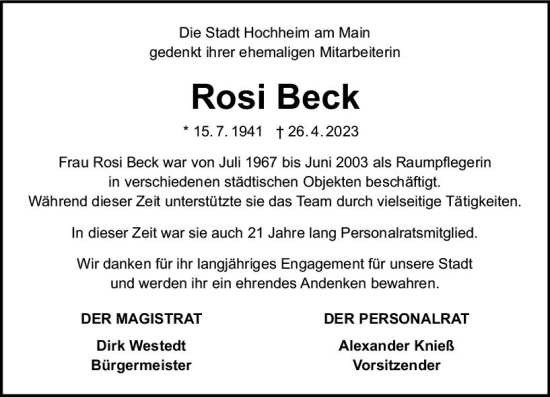 Traueranzeige von Rosi Beck von Hochheimer Zeitung