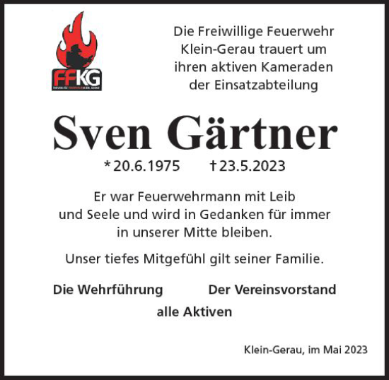 Traueranzeige von Sven Gärtner von Groß-Gerauer Echo