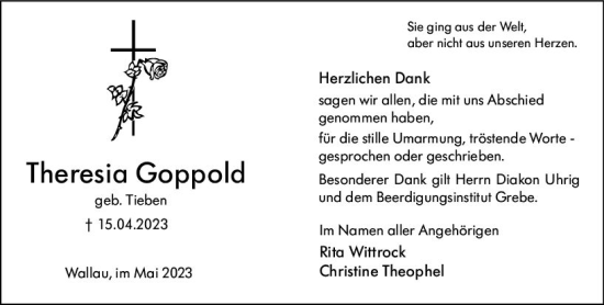 Traueranzeige von Theresia Goppold von Hinterländer Anzeiger