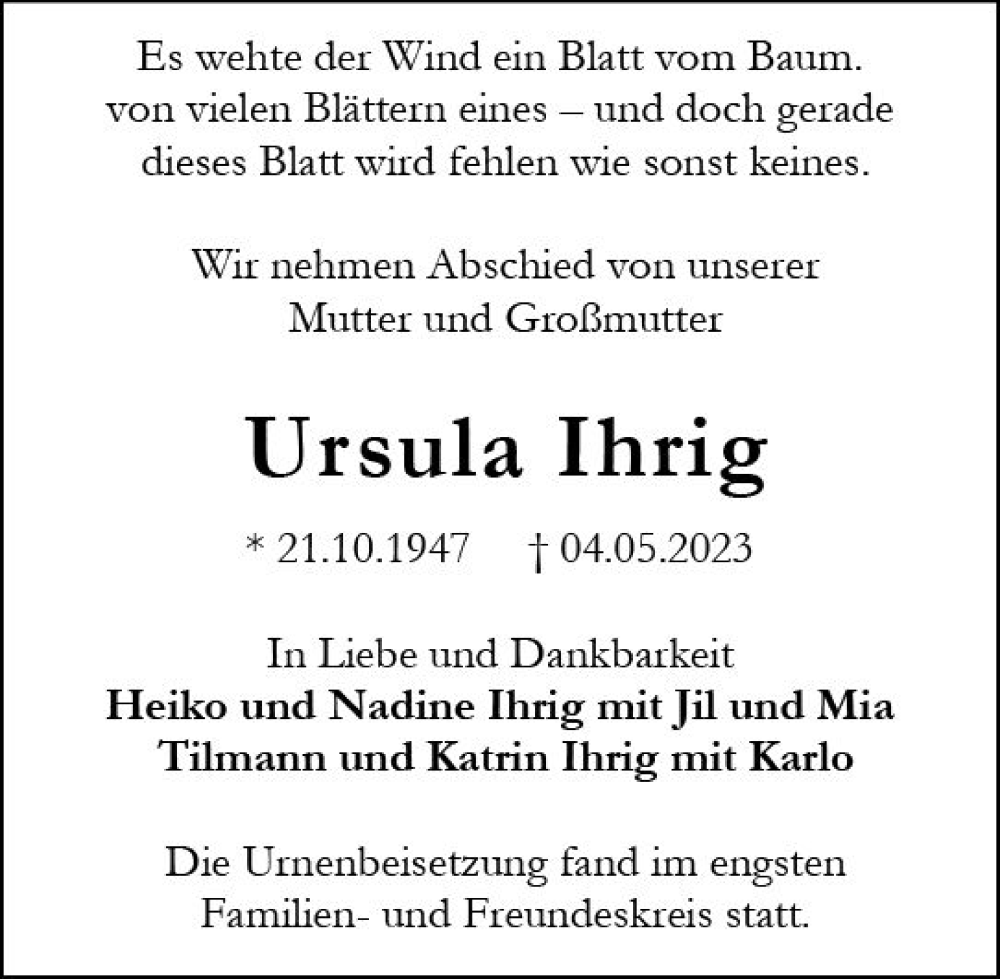  Traueranzeige für Ursula Ihrig vom 20.05.2023 aus Darmstädter Echo