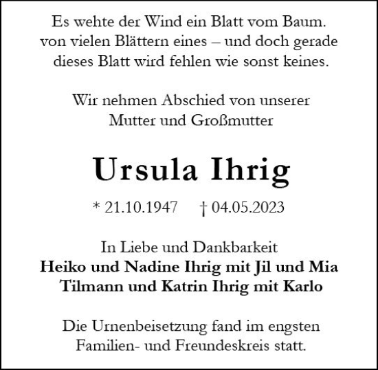Traueranzeige von Ursula Ihrig von Darmstädter Echo