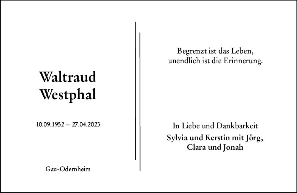  Traueranzeige für Waltraud Westphal vom 03.05.2023 aus Allgemeine Zeitung Alzey