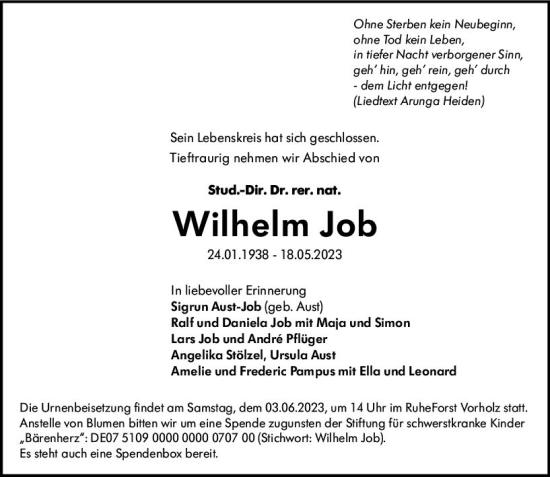 Traueranzeige von Wilhelm Job von Allgemeine Zeitung Alzey