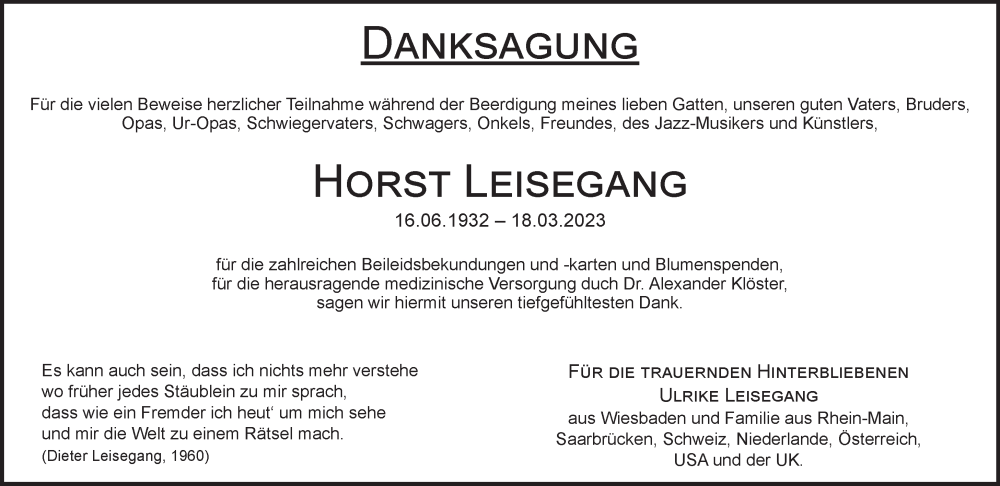  Traueranzeige für Horst Leisegang vom 17.06.2023 aus Wiesbadener Kurier