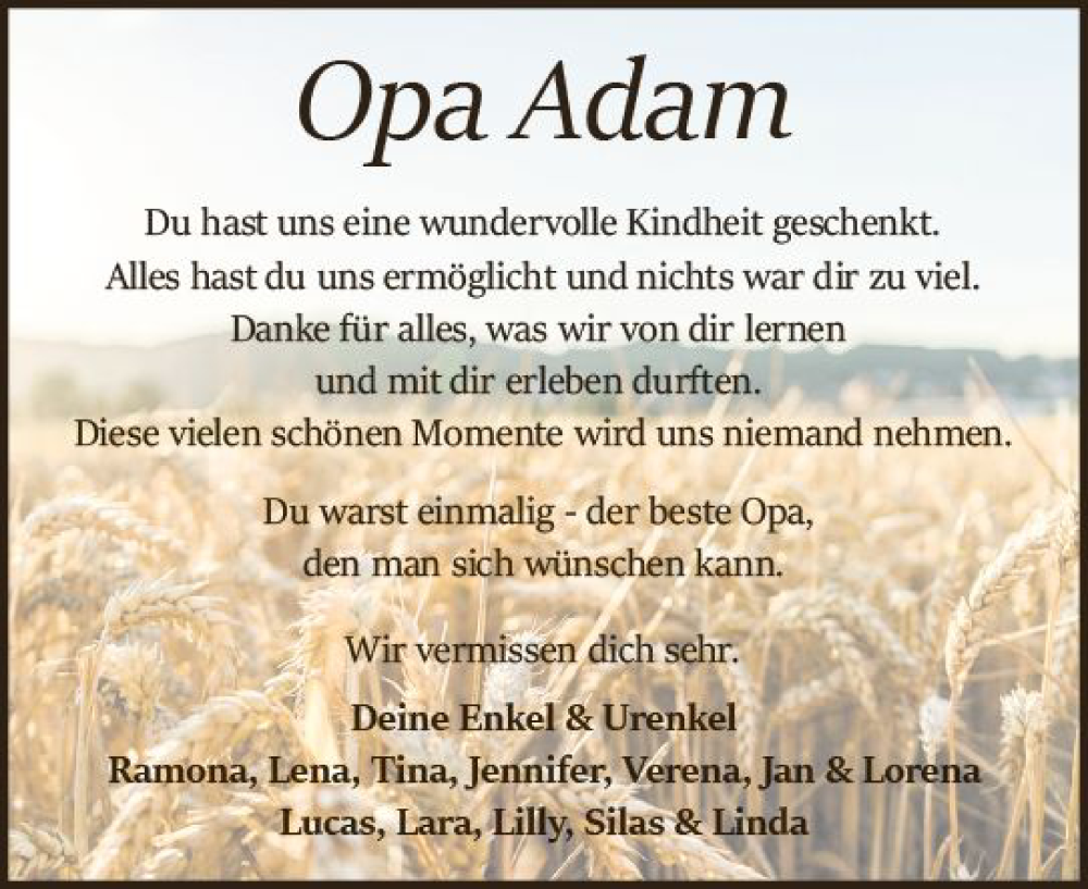  Traueranzeige für Adam  vom 17.06.2023 aus Odenwälder Echo