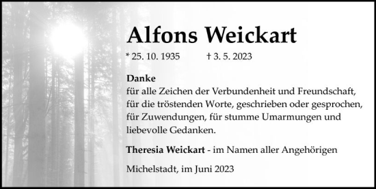 Traueranzeige von Alfons Weickart von Odenwälder Echo