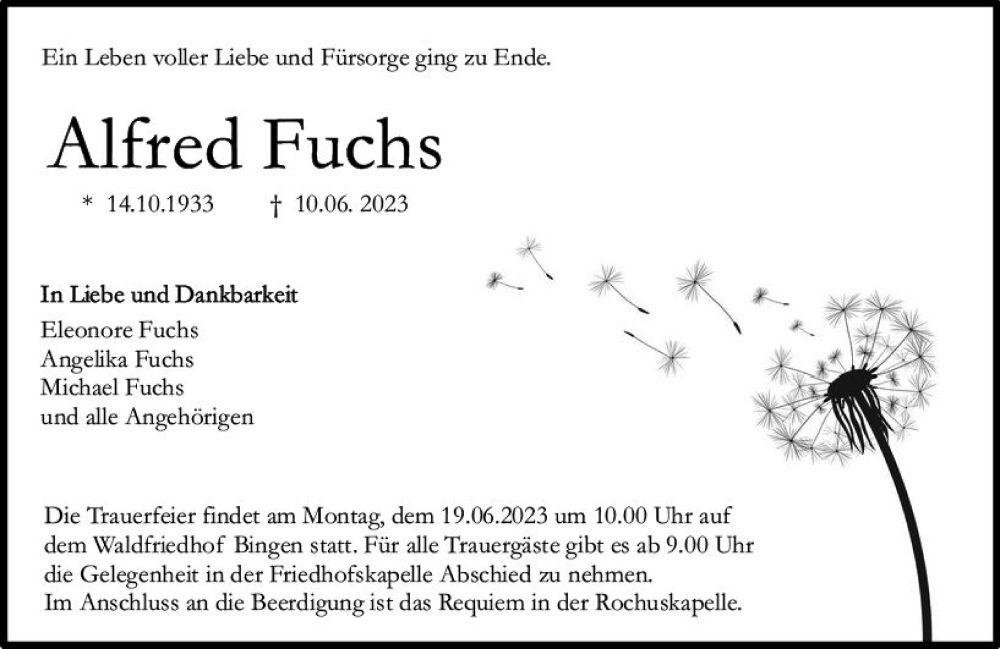  Traueranzeige für Alfred Fuchs vom 14.06.2023 aus Allgemeine Zeitung Bingen/Ingelheim