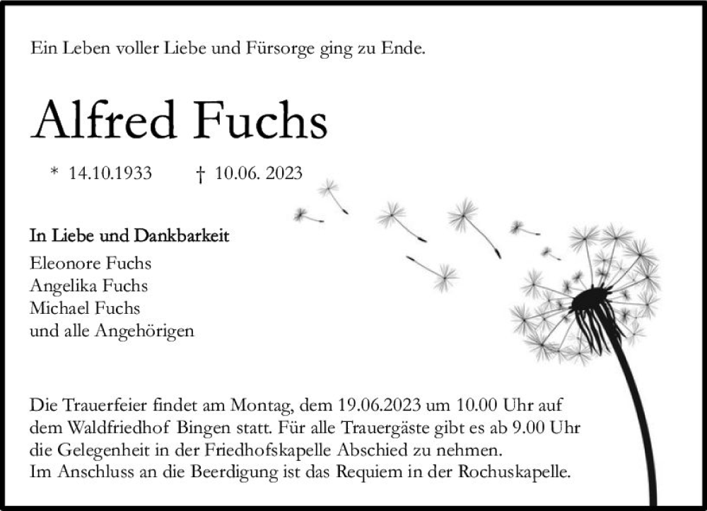  Traueranzeige für Alfred Fuchs vom 17.06.2023 aus Allgemeine Zeitung Bingen/Ingelheim