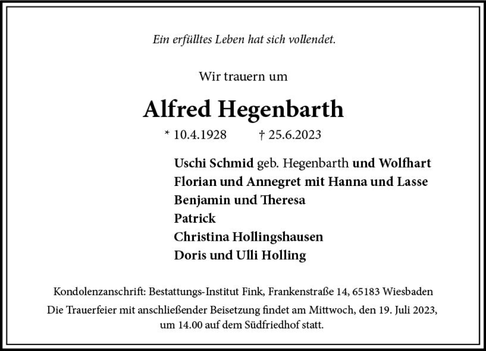  Traueranzeige für Alfred Hegenbarth vom 01.07.2023 aus Wiesbadener Kurier