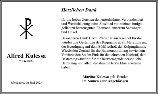 Traueranzeige von Alfred Kulessa von Wiesbadener Kurier