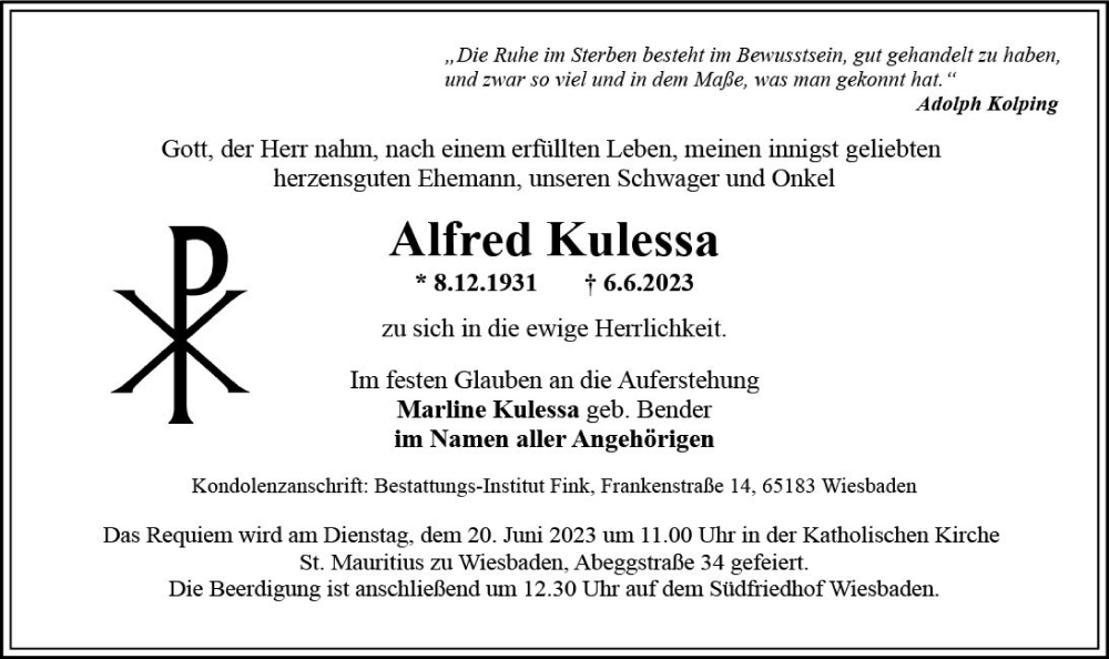  Traueranzeige für Alfred Kulessa vom 10.06.2023 aus Wiesbadener Kurier