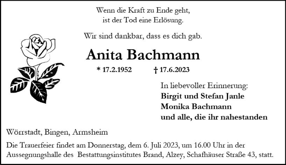  Traueranzeige für Anita Bachmann vom 01.07.2023 aus Allgemeine Zeitung Alzey
