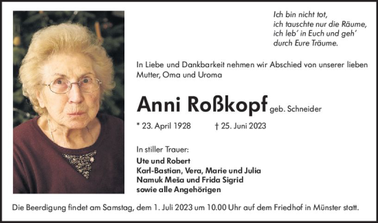 Traueranzeige von Anni Roßkopf von Darmstädter Echo