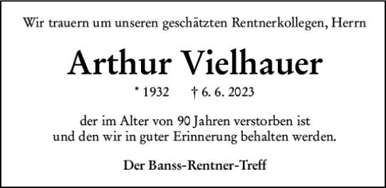 Traueranzeige von Arthur Vielhauer von Hinterländer Anzeiger